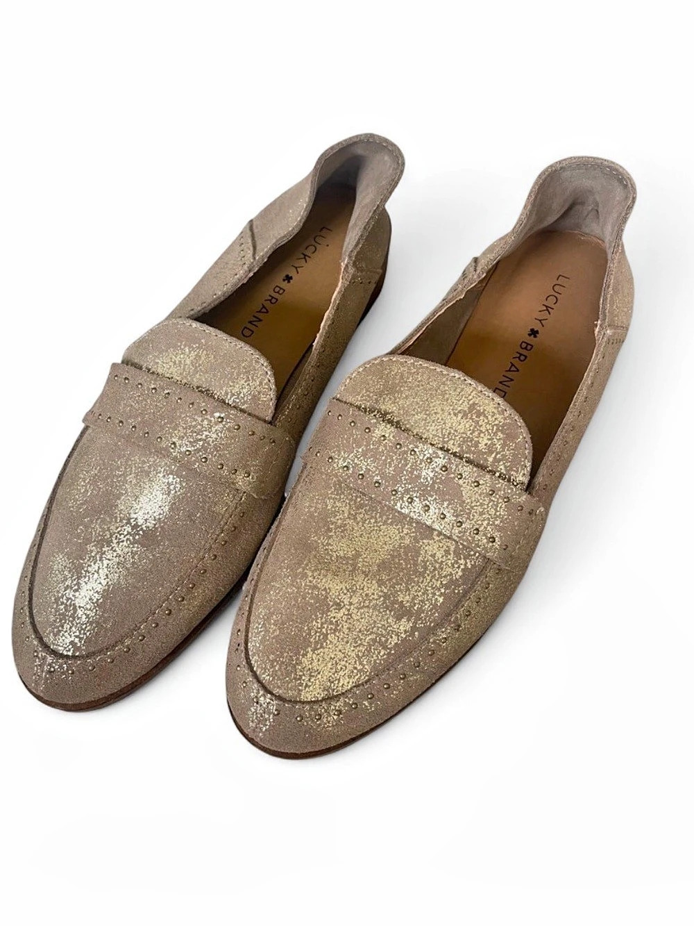 Lucky Brand Crestan Metallic Penny Loafers  Blush Pink & Gold Distressed Studded